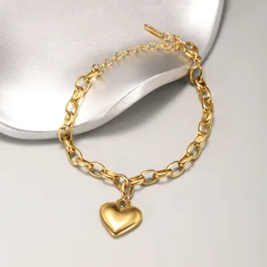 Minimalista Acciaio Inossidabile Catena Graffetta Bracciale Cuore Placcato Oro Liscio Solido Ciondolo Cuore Regolabile Moda Gioielli