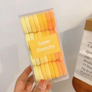 Colorful gradient hair ties set in clear plastic box, elastic rubber bands for women daily styling.