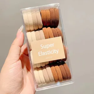 Detailed view of colorful elastic hair ties set in a clear plastic box, perfect for daily styling.