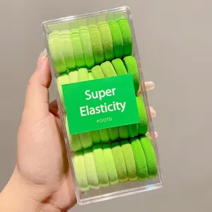 Detailed view of colorful gradient hair ties in clear box, showing soft velvet texture.