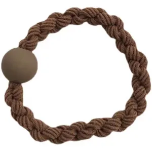 Brown braided hair tie with round bead, simple elastic ponytail holder for women and girls.