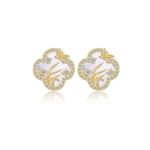 Elegant S925 silver gold-plated clover earrings with purple mother-of-pearl and sparkling zircon.