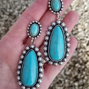 Vintage Alloy Turquoise Teardrop Earrings French Antique Silver Plated Ethnic Geometric Drop Earrings For Women Jewelry Gift