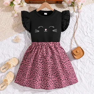 Mädchen Sommerkleidung Top Und Rock Süßes Katzengesicht Druck Flatterärmel T-Shirt Und Rosa Leopardenrock Pullover Outfits