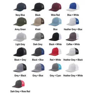 Varias combinaciones de colores de gorras de béisbol trucker ajustables de malla