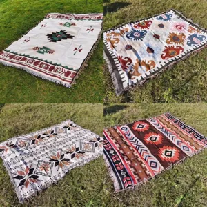 Manta Geométrica Bohemia con Borlas de Poliéster Multifuncional para Sofá Camping al Aire Libre Alfombra Tejida para Sala Dormitorio Decoración Hogar