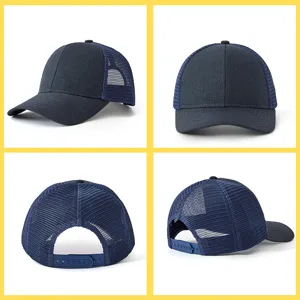Vistas multiángulo de una gorra trucker clásica de malla azul marino con cierre ajustable