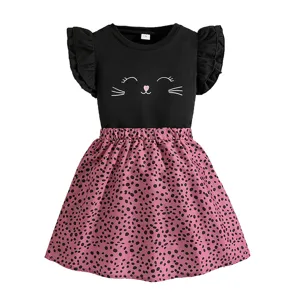 Süßes zweiteiliges Mädchen Sommeroutfit mit schwarzem Katzenprint Top und rosa Leopardenrock