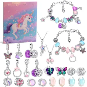 Enfants DIY Calendrier de l'Avent Charms Bracelet Collier Coffret Cadeau Licorne Alliage Parure de Bijoux Pour Filles