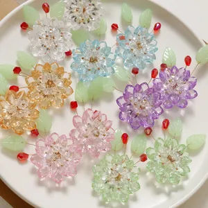 Handmade crystal beaded lotus flowers with green leaves, colorful DIY hair accessory parts.