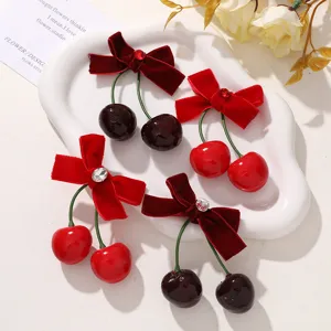 Rode fluwelen kers strik haarspelden, schattige herfst winter haaraccessoires voor dames.