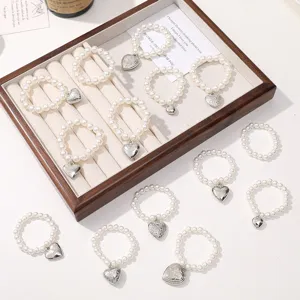 Sweet Artificial Pearl Beaded Bracelet With Silver Tone Metal Heart Pendant Handmade Fashion Jewelry Gift For Women