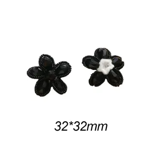 Black crystal beaded flower DIY handmade jewelry accessory 32x32mm for earrings hairpin