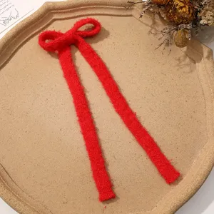 Red fuzzy hair bow ribbon cute plush hair clip double ponytail accessory sweet winter style