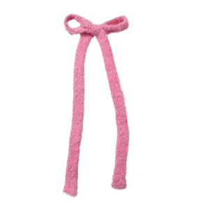 Pink fuzzy bow hair clip fluffy ribbon long tail winter hair accessory sweet style