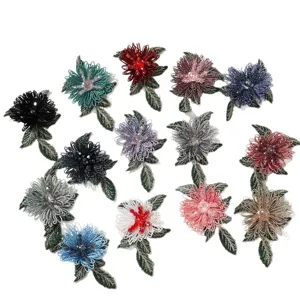 Fiori ricamati con perline di cristallo fatti a mano foglie verdi accessori fai da te