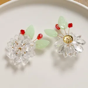 Handcrafted crystal lotus flower hair accessory DIY components, clear beads green leaves.