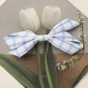 Close-up detail of blue white plaid fabric bow accessory, showing neat shape and texture.