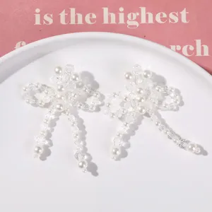 Handmade white artificial pearl crystal beaded bow DIY hair clip and earring material.