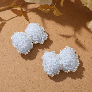 Cute light blue knitted pearl bow hair clip decorative accessories for DIY fashion crafts