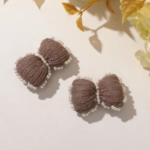 Brown knitted pearl bow hair clip cute DIY side clip decorative clothing accessory 2pcs