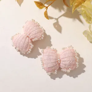 Pink knitted pearl bow hair clip DIY accessory cute sweet hair styling decor