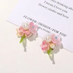 Handmade summer pink floral beaded stud earrings diy sweet fresh hair accessories 1pc