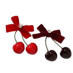 Fluwelen kers haarspeld met strass strik, schattige rode herfst en winter haaraccessoires.