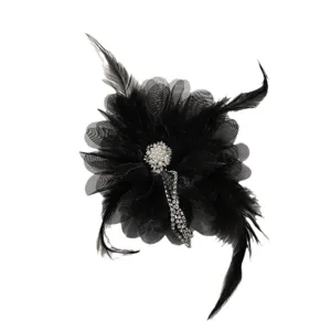 Pinza de pelo flor red pluma negra diamantes perla borla broche accesorio tocado