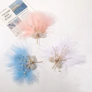 Handmade crystal pearl feather butterfly hair clip detail, elegant Hanfu accessory.