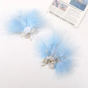 Blue feather hair clip DIY material with crystal pearls for Hanfu traditional style.