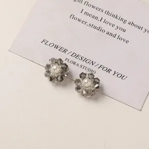 Handmade crystal pearl flower earrings DIY accessories elegant grey beaded jewelry studs
