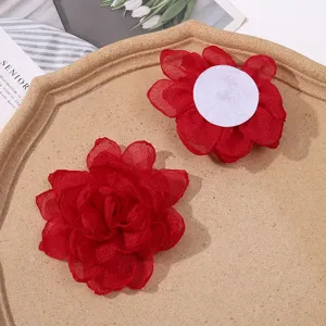 Red organza burnt edge mesh flower DIY handmade hair clips accessories material wholesale