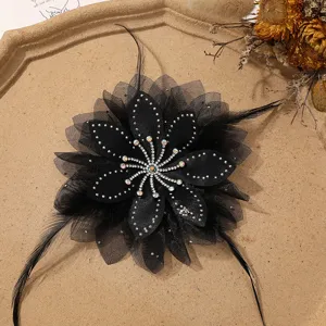 Fiore in chiffon di piuma nera strass fai da te spilla fatta a mano accessorio per capelli