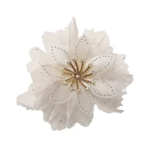 Elegante spilla e molletta per capelli fiore bianco in chiffon e piuma con luminosi strass.