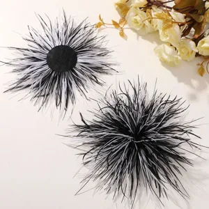 Black and white feather flower hair clip DIY material, elegant ostrich feather detail view.