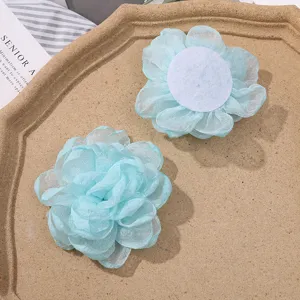 Light blue organza burned edge mesh flower DIY handmade hair accessory material for crafts.