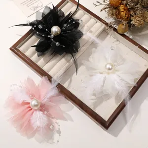 Mesh feather pearl flower DIY hair accessory detail view, elegant floral craft supply.