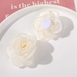White fabric mesh flower DIY hair clip accessories, exquisite multi-layer petal design for crafting.