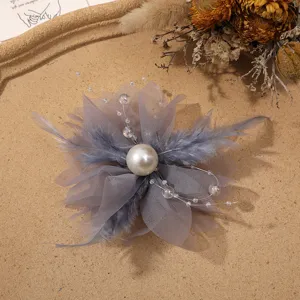 Grey mesh feather pearl flower detail shot, perfect for diy hair accessories and clothing craft.