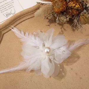 White feather mesh pearl flower DIY hair accessory clothing decoration elegant floral piece