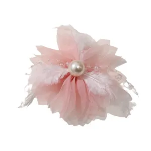 Pink mesh feather flower hair accessory with pearl and bead chain for DIY craft and headdress.