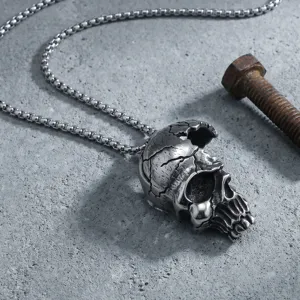 Herren Edelsstahl Totenkopf Anhänger Halskette mit Boxkette im Punk Rock Biker Schmuck Stil