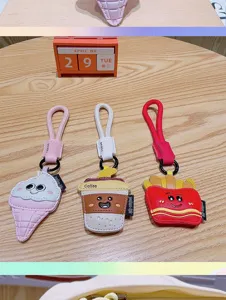 Cute cartoon food PU leather keychain set featuring ice cream, coffee cup and French fries.