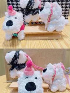 Cute West Highland White Terrier plush toy pendant, fluffy keychain and bag charm for women.