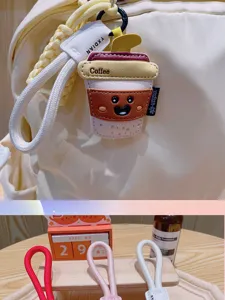 Cute PU leather coffee cup keychain bag charm creative cartoon pendant accessory for women.