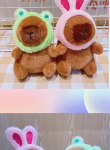 Cute capybara plush keychain with frog and rabbit headgear, soft stuffed animal doll pendant.