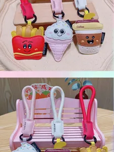 Cute cartoon food PU leather keychain, french fries ice cream coffee cup bag charms for women.