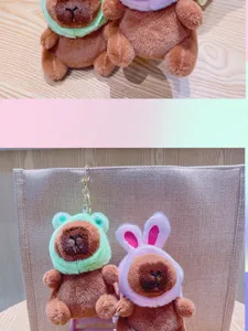 Cute fluffy capybara plush keychain with cute frog and rabbit hats soft toy pendant bag.
