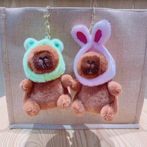 Cute capybara plush keychain with frog and bunny hats soft stuffed animal bag pendant toy